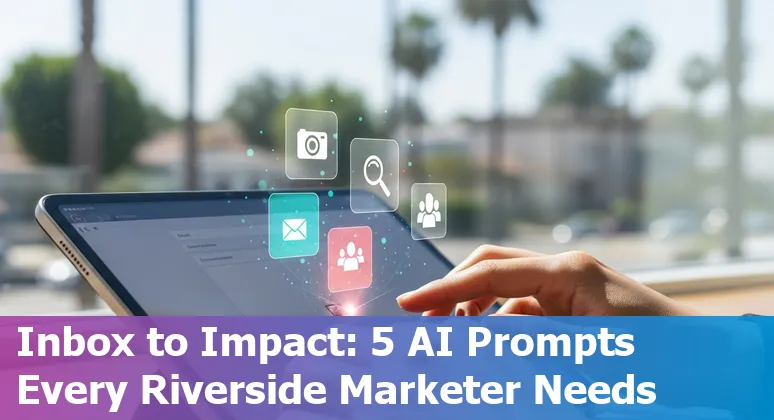 Marketing professional using AI prompts on laptop with Riverside, California skyline in the background