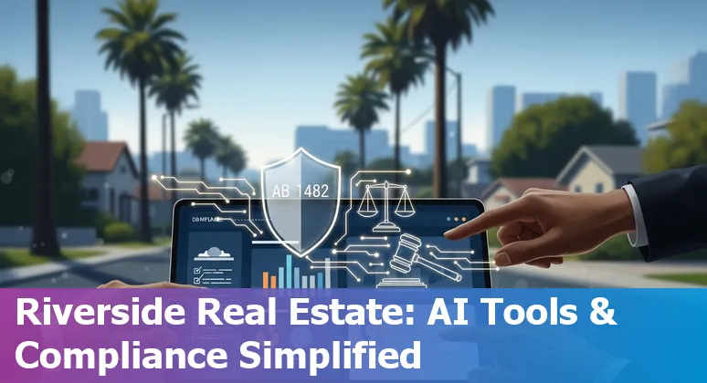 AI-driven real estate tools and Riverside, California skyline showing property data overlays