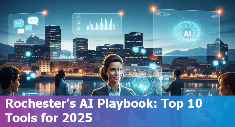 Customer service agent using AI chat tools with Rochester skyline and Mayo Clinic in background