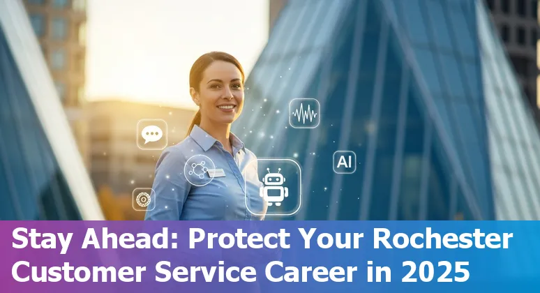 Customer service worker using AI tools in Rochester, Minnesota office — infographic showing upskilling paths.
