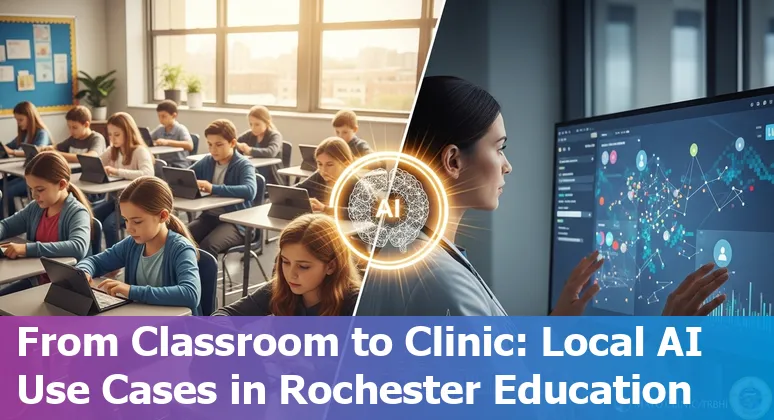 Educators and students using AI tools in a Rochester, MN classroom with Mayo Clinic and Rochester Public Schools landmarks visible