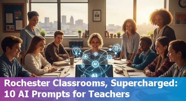 Teacher using AI tools with Rochester skyline and University of Rochester campus in the background