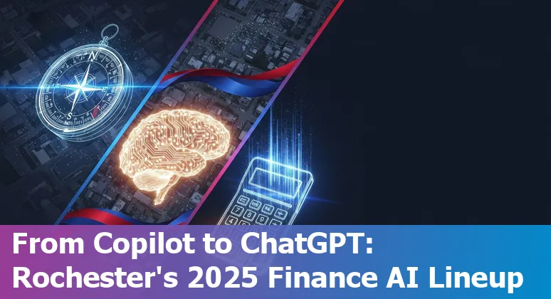 Collage of AI icons and Rochester, Minnesota skyline with Mayo Clinic and financial graphs