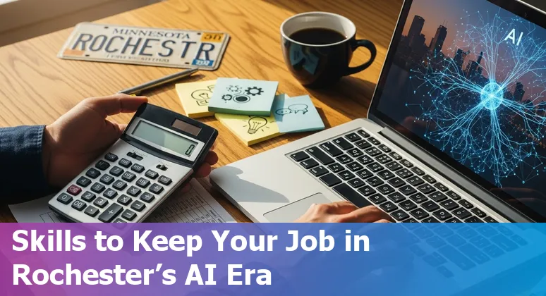 Finance assistant using AI tools on a laptop in Rochester, Minnesota, US skyline in background