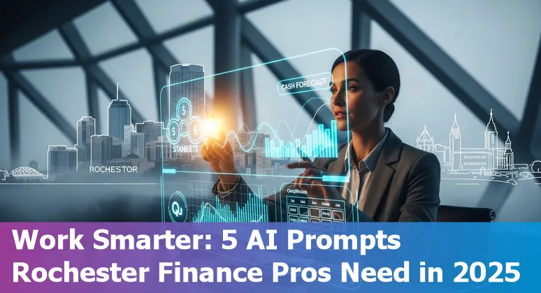 Finance professional using AI prompts on laptop to prepare board deck and cash forecast in Rochester, MN.