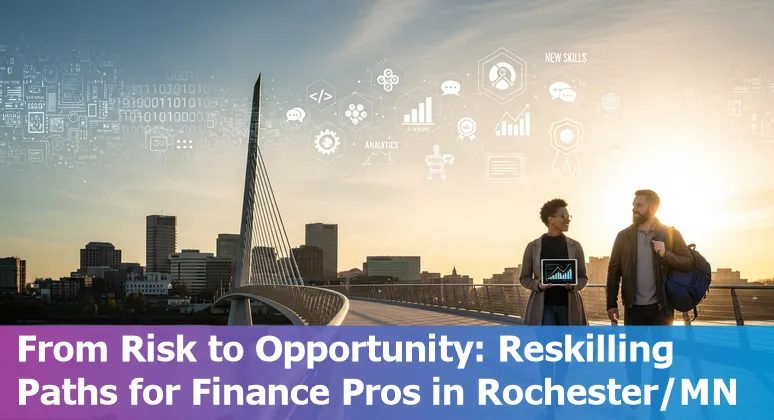 Financial services workers in Rochester reviewing AI-augmented dashboards and training on analytics tools.