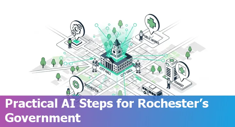 Rochester, Minnesota city hall with AI icons overlaid — guide to using AI in Rochester, Minnesota government in 2025.