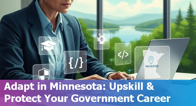 Illustration of Rochester city hall staff with AI tools and RIT logo, showing training and adaptation.