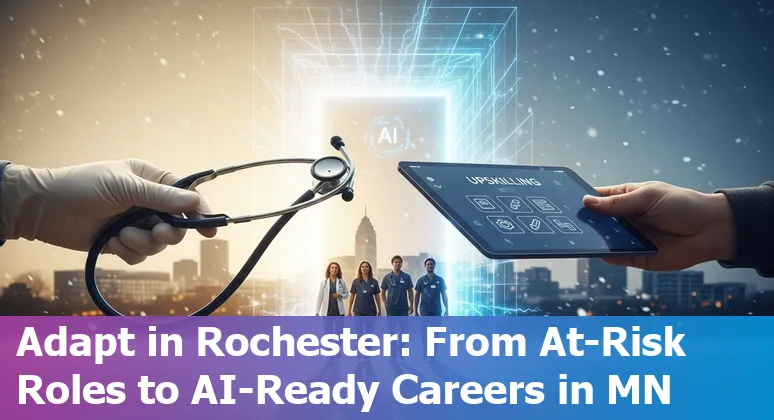 Healthcare worker using AI tools with Mayo Clinic building in Rochester, Minnesota in background