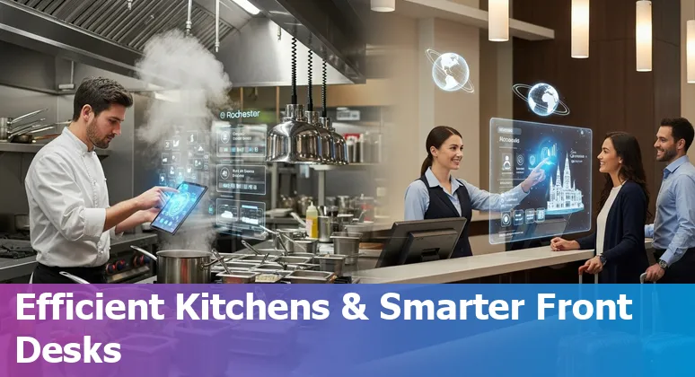 Hotel front desk tablet showing AI chatbot for Rochester, Minnesota hospitality companies