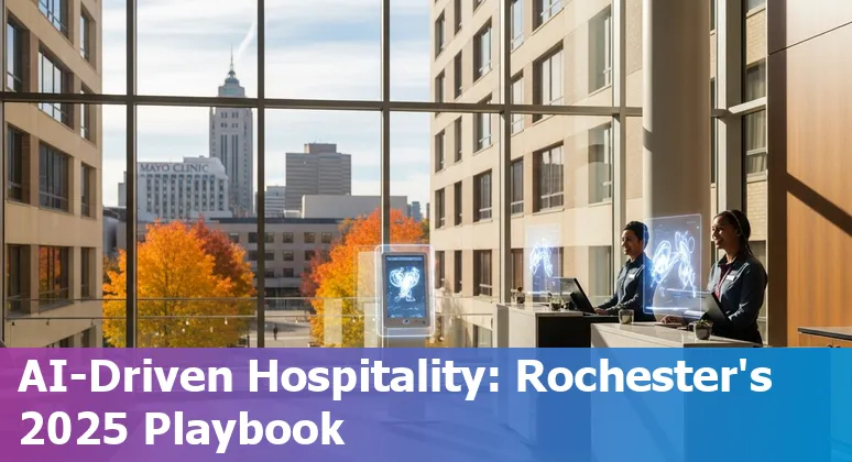 Hotel staff using AI tools in a Rochester, Minnesota hotel lobby — AI dashboard visible on a tablet