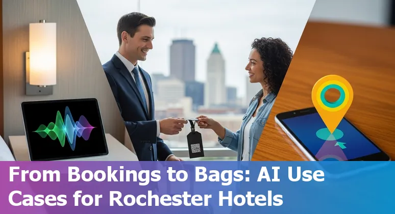 Hotel front desk with AI chatbot interface overlay and Rochester skyline in the background