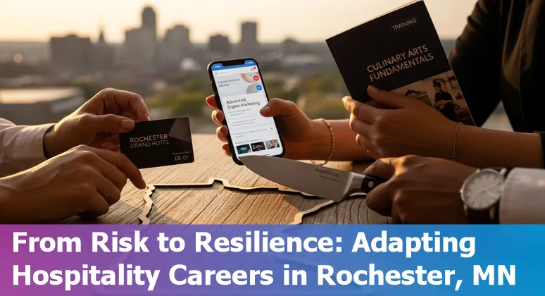 Hospitality workers in Rochester, Minnesota discussing AI tools and upskilling options.