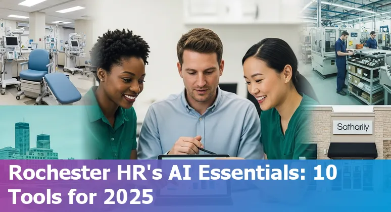 Rochester Minnesota HR professional reviewing AI HR tools on a laptop with Mayo Clinic in the background.