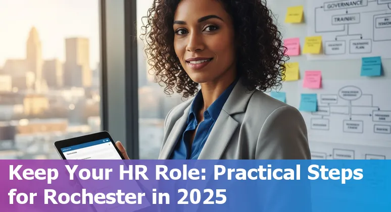 HR professional using AI tools on a laptop in Rochester, Minnesota skyline background, 2025