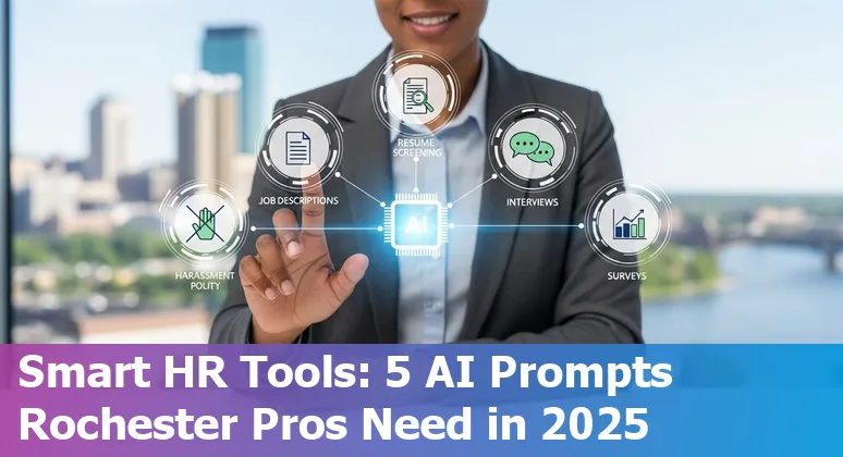 HR professional using AI prompts on a laptop with Rochester city skyline and Mayo Clinic in background, 2025.