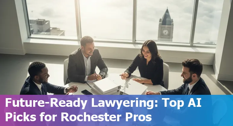 Rochester attorneys using AI tools on laptop screens: CoCounsel, Spellbook, Harvey, Relativity, and Lexis+ AI icons.