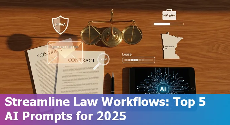 Lawyer using AI prompts on a laptop to draft legal documents with Rochester skyline in the background