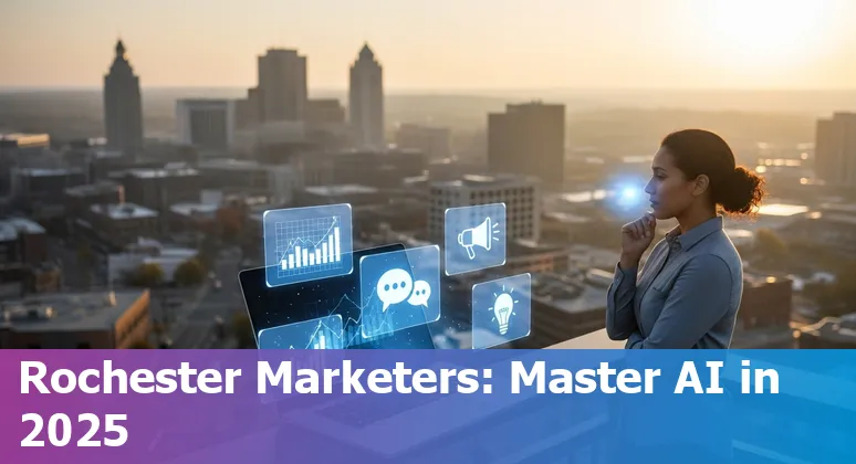 Marketing professional using AI tools in Rochester, Minnesota with UMN resources and city skyline in background