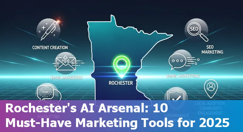Rochester Minnesota marketer using AI tools: dashboard screens showing Jasper, SEMRush, HubSpot and chatbots.