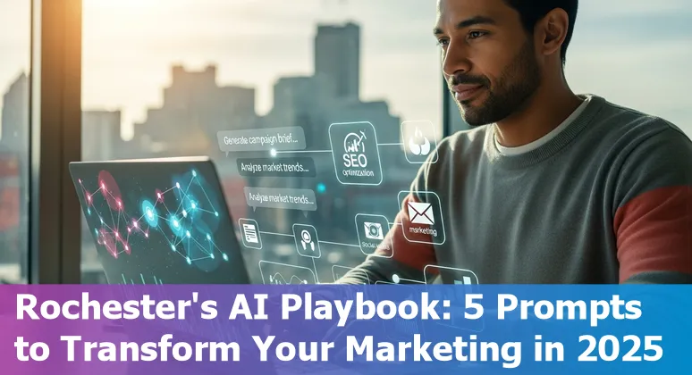 Illustration of a Rochester marketer using AI prompts on a laptop with local landmarks faintly in the background