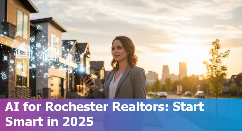 Rochester, MN real estate agent using AI tools on a laptop with Mayo Clinic and Rochester skyline in background