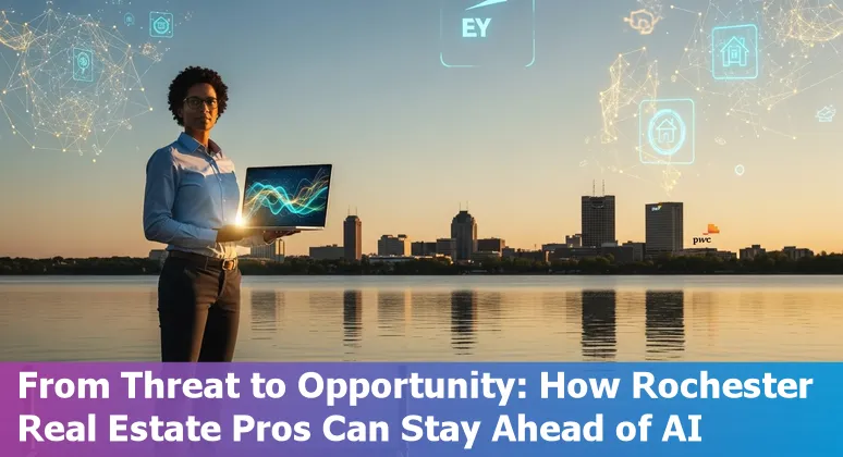 Rochester skyline with icons for AI, real estate roles, and a RIT campus silhouette.