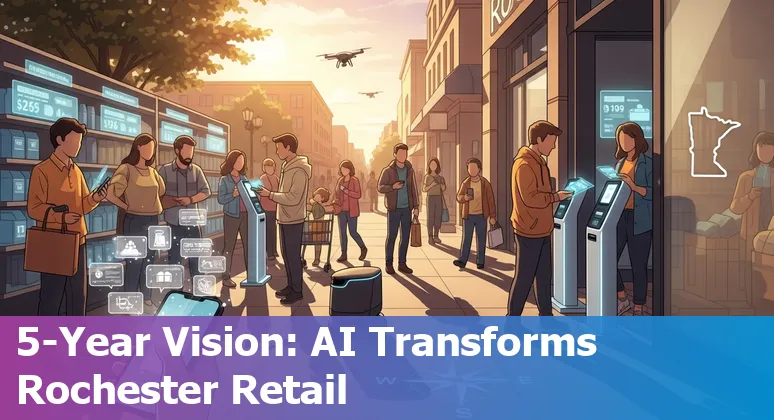 Retail AI in Rochester, Minnesota, US 2025: storefront with AI icons and data overlays