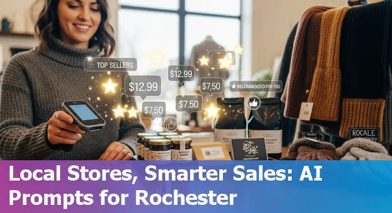 Shopfront in Rochester, Minnesota with AI icons showing personalization, chat, inventory, and analytics.