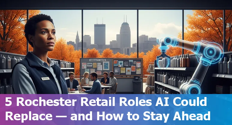 Retail worker using tablet with AI analytics overlay in a Rochester, MN store