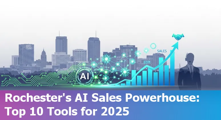 Collage of AI sales tools logos (Gong, Clari, ChatGPT, Lavender, Outreach, Seamless.ai, Lyne.ai, Fireflies.ai, ZoomInfo, Salesforce Einstein) over Rochester skyline.
