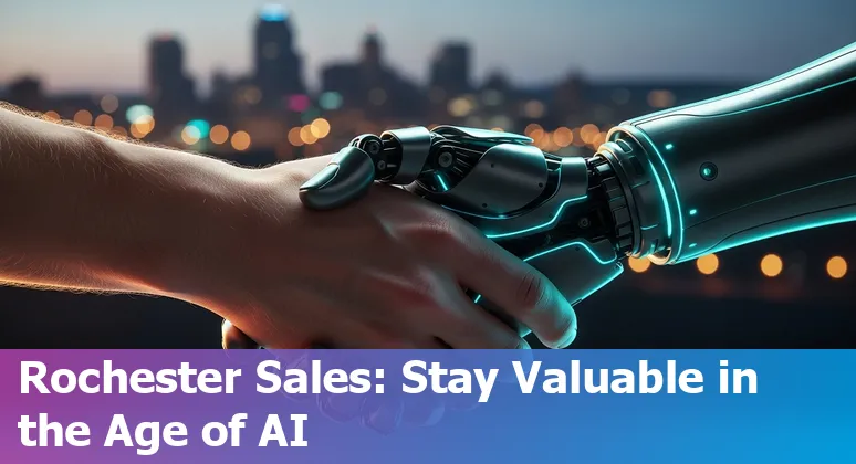 Salesperson using AI tools on laptop in Rochester, Minnesota skyline background