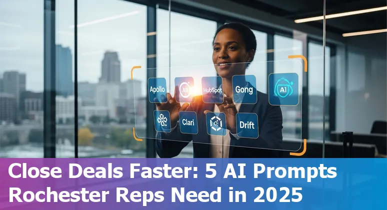 Sales professional in Rochester using AI tools Apollo, HubSpot, Gong, Clari, and Drift on laptop