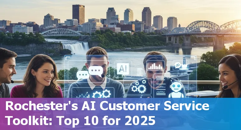 Customer service professional in Rochester using AI tools on laptop with Rochester skyline in background