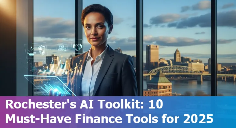 Collage of AI tools logos and Rochester skyline with finance icons