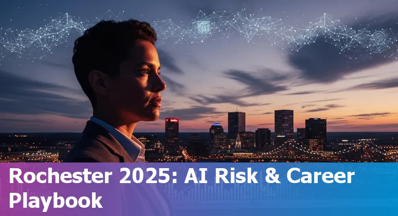 Finance professional using AI tools on a laptop in Rochester, New York skyline, USA