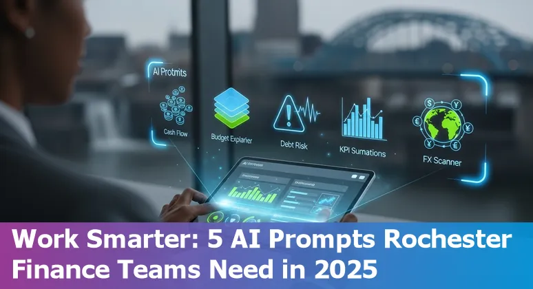 Rochester finance professional using AI prompts on a laptop, with charts showing cash flow and KPIs.