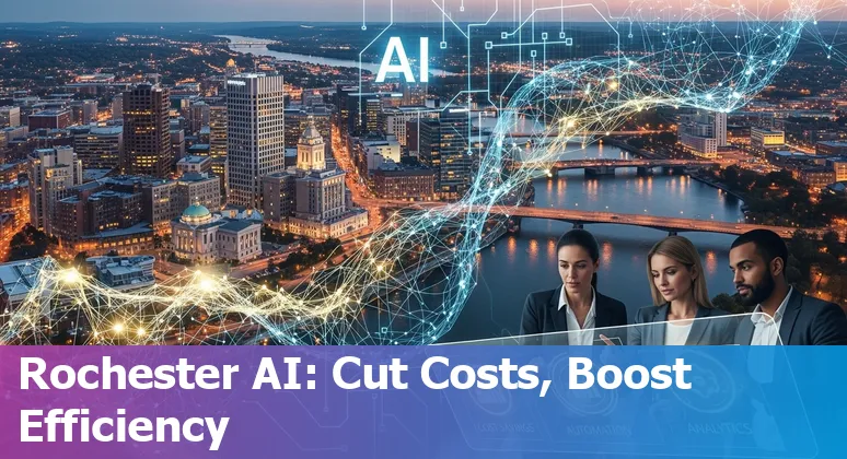 Rochester, New York financial services team reviewing AI-driven dashboards and cost savings