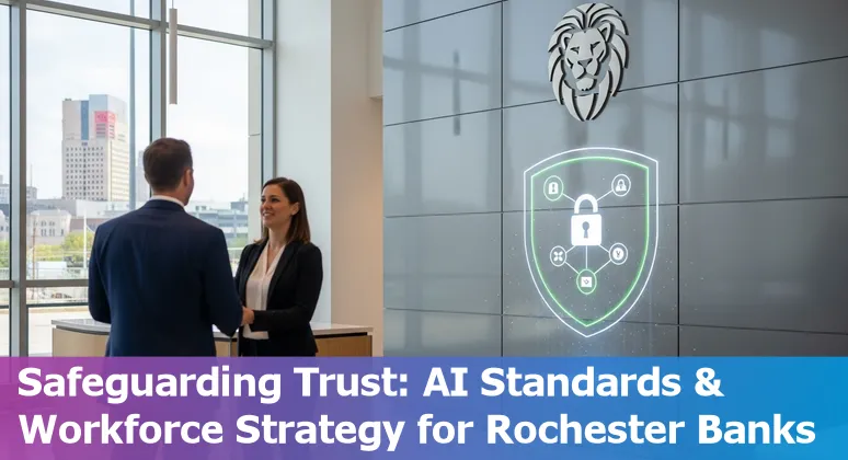 Illustration of AI in financial services with Rochester, New York skyline and fintech icons in 2025