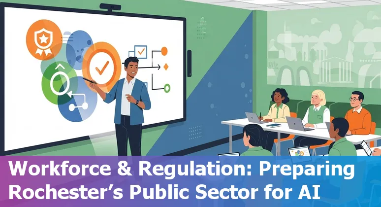 City hall and data dashboard representing AI in Rochester, New York government in 2025