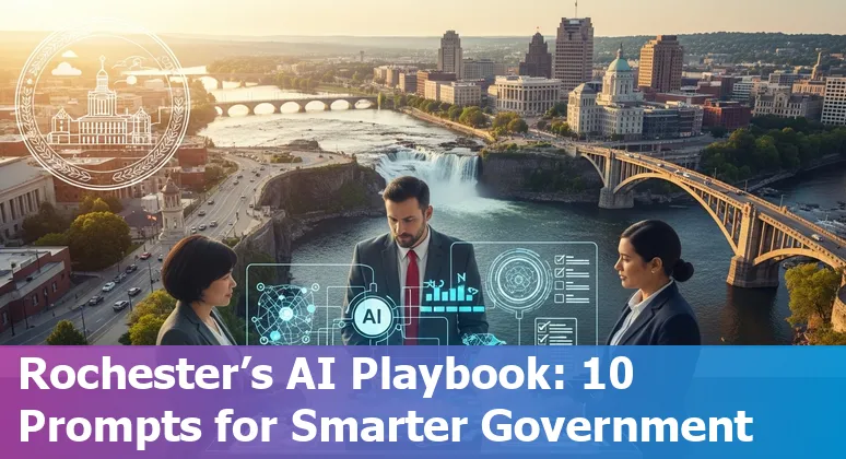 Rochester city officials reviewing AI use cases on a digital tablet with city skyline in background