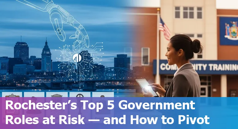 Rochester skyline with government buildings and AI icons overlay showing at-risk public sector jobs.