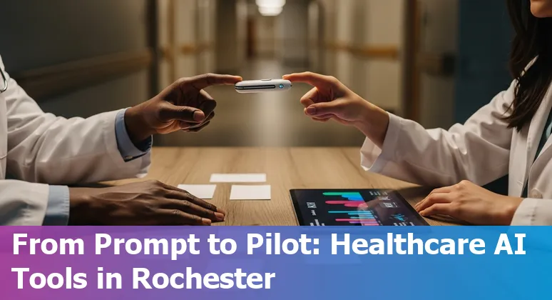 Illustration of AI applications in Rochester healthcare, featuring URMC, ultrasound probes, and digital assistants.
