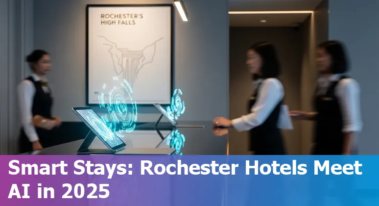 AI in hospitality illustration showing Rochester, NY skyline and restaurant staff using AI tools in 2025