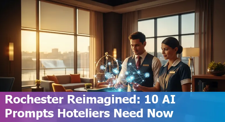 Hospitality AI use cases in Rochester: hotel lobby, chatbot on phone, and local Rochester landmarks like Eastman School of Music.