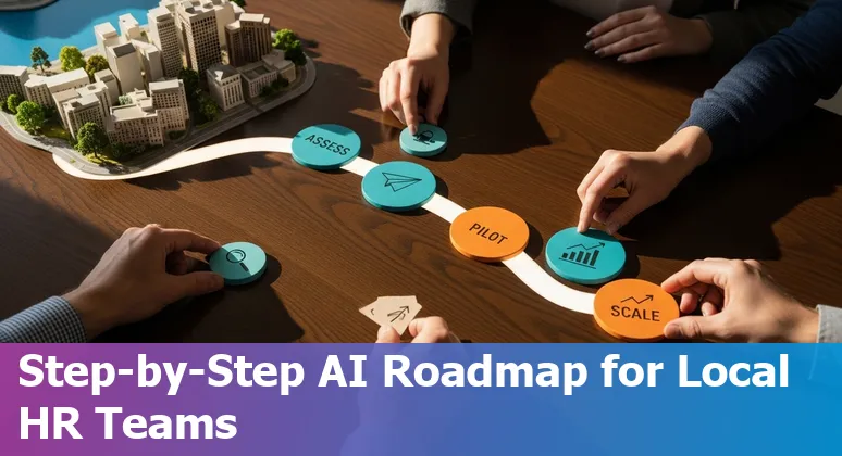 HR professional using AI tools in Rochester, NY skyline, 2025