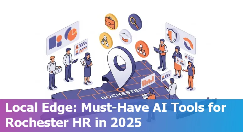 HR professional using AI tools dashboard with Rochester skyline in the background