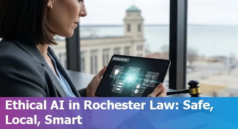 Rochester, New York attorney using AI tools on laptop with courthouse backdrop in Rochester, New York