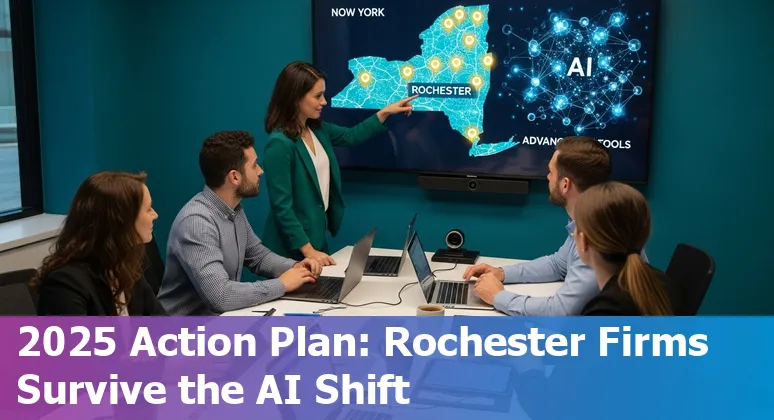 Illustration of lawyers and AI tools in Rochester, New York skyline, showing UR and RIT landmarks.
