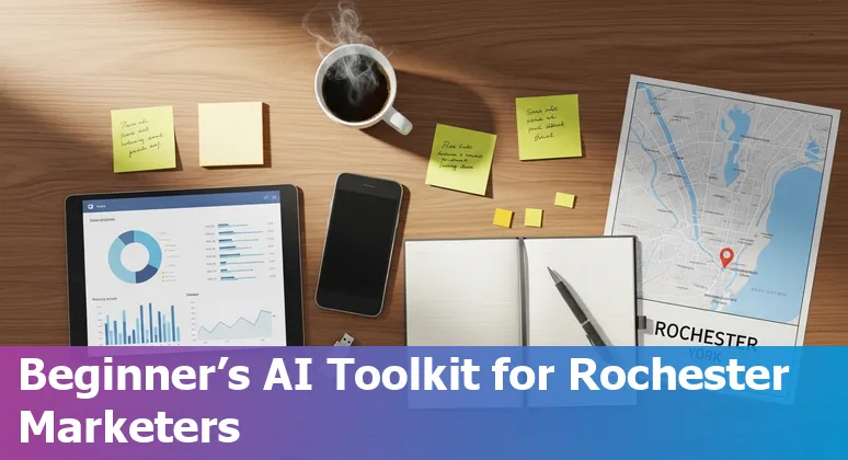 Marketing professional using AI tools in Rochester, NY with University of Rochester guidance visible on screen